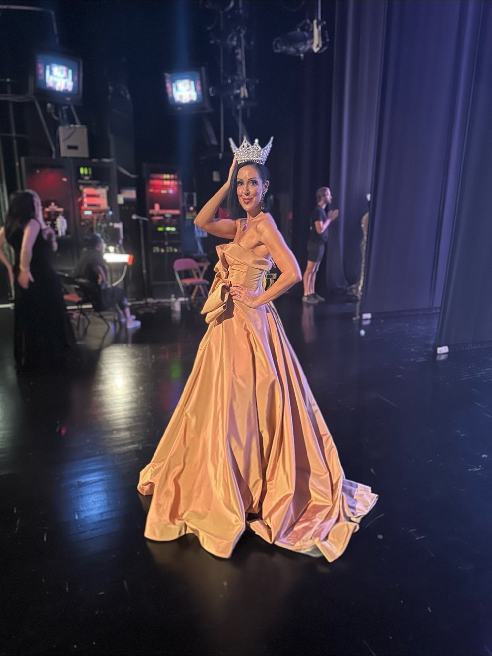 Strapless Peach Evening Gown with Sculpted Bow Detail